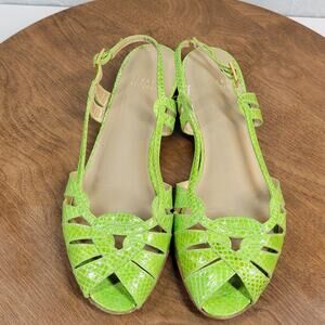 Stuart Weitzman Womens Sandals 7.5 Green Snakeskin Leather Peep Toe Slingback